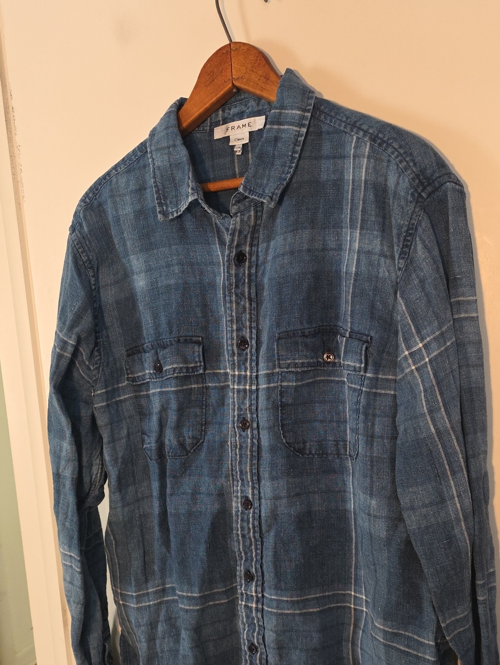 Frame Large Linen Denim Indigo Plaid Button-Down Shirt Perfect Condition